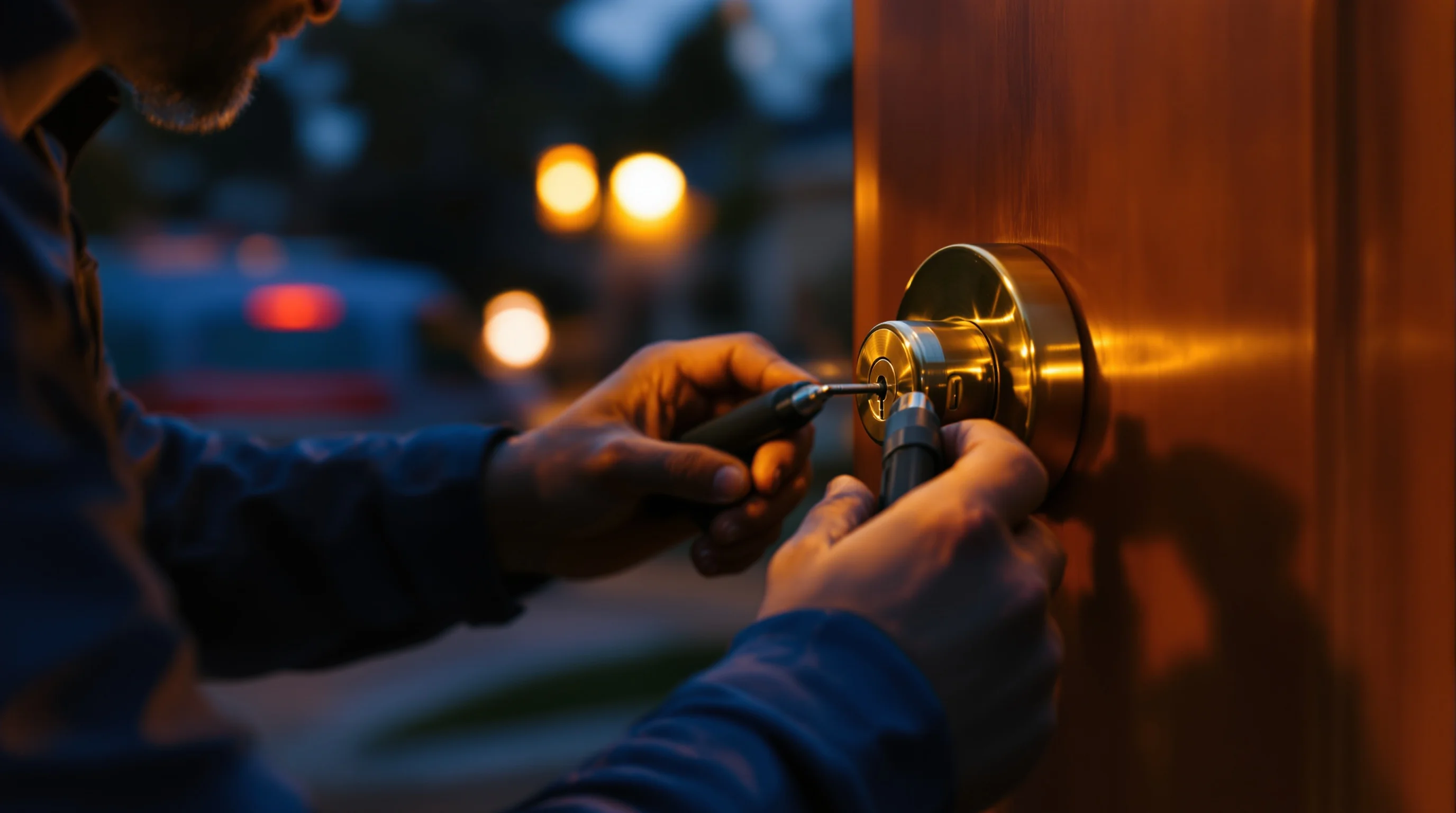 Emergency residential locksmith in Denver Colorado performing a home lockout service at night with professional lock picking tools