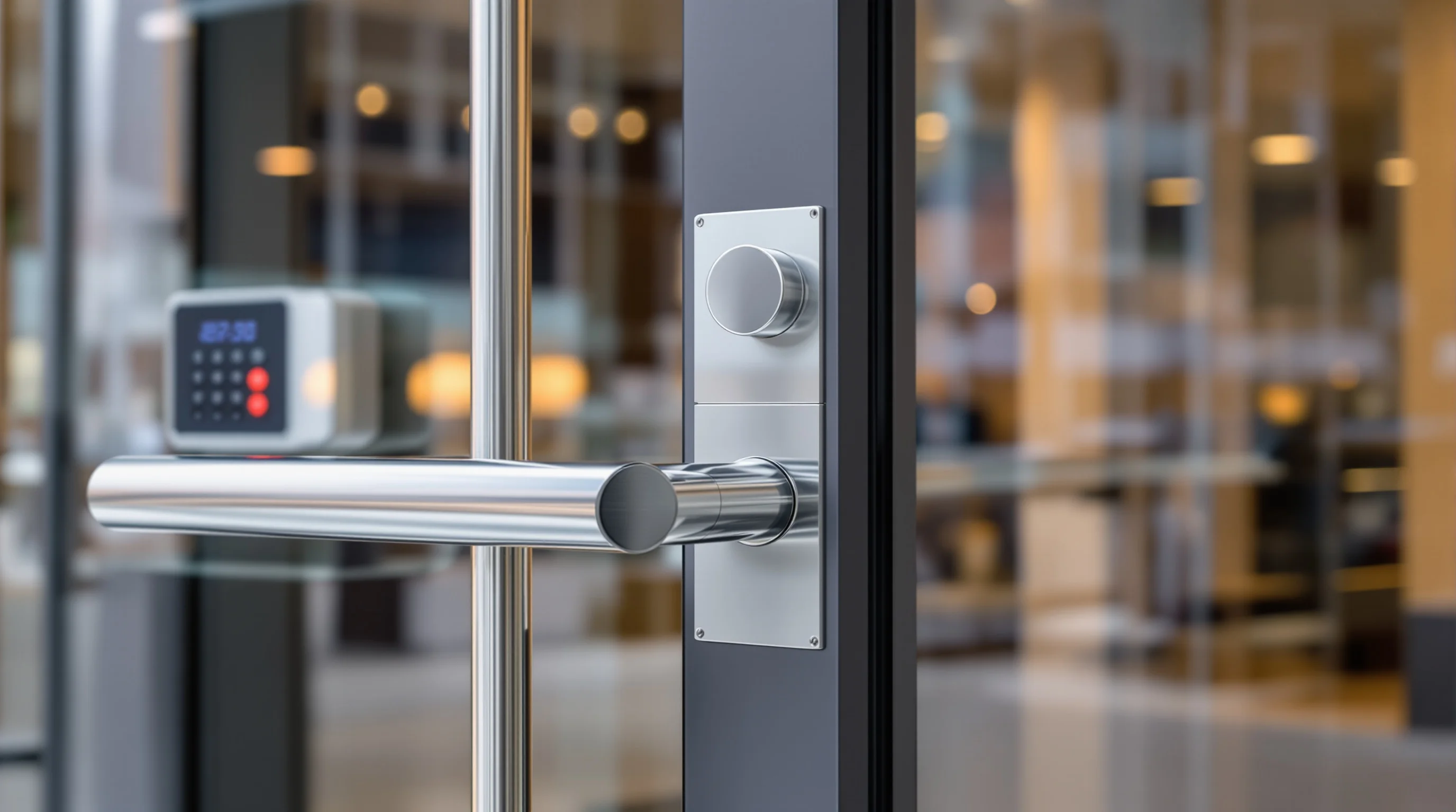 Commercial locksmith Denver Colorado — high security commercial door with panic bar, access control system, and heavy duty deadbolt on a modern office building entrance