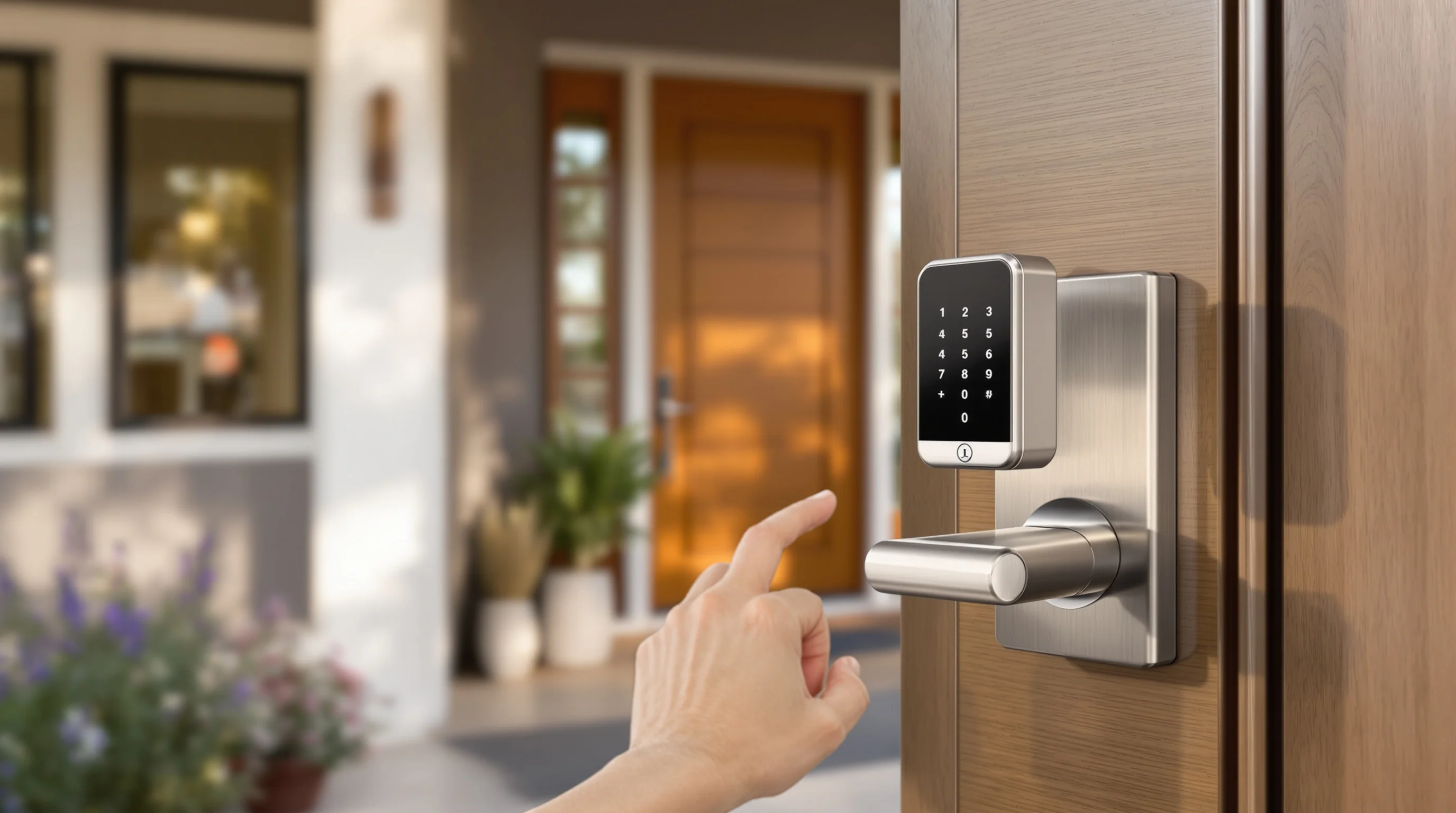 Residential locksmith Denver Colorado — smart lock keyless entry system installation on a modern home front door with digital touchscreen keypad for home security